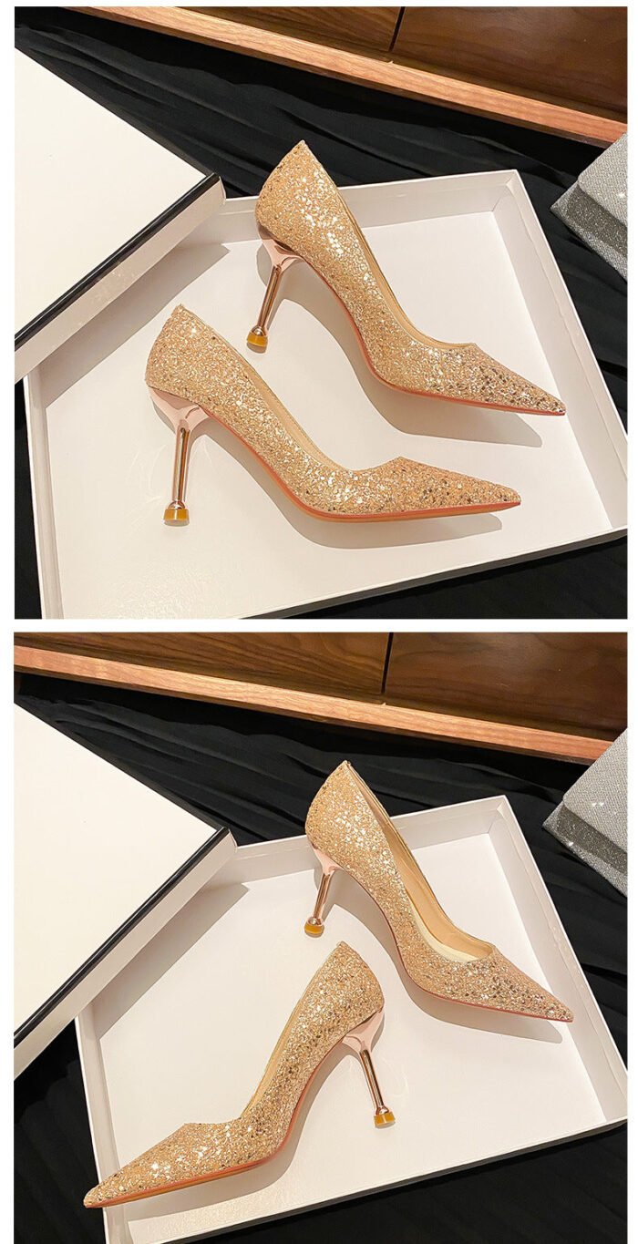 D888-88 Pointed High Heels Women's Chunky Heel Wedding Shoes High-Grade Wedding Dress Pumps - Image 12