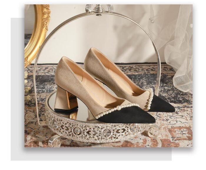 650-80 Color Matching French Retro Gentle Temperament Pointed Classic Style Chunky Heel High Heel Pearl Shoes - Image 8