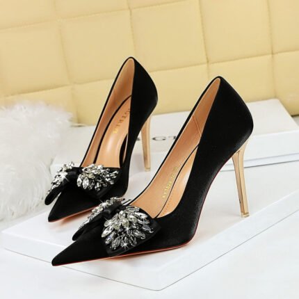 BIG TREE SHOES 1829-H3 European and American Style Banquet Light Luxury High Heels Satin Shallow Mouth Pointed Toe Rhinestone Bow Women's High Heel Shoes