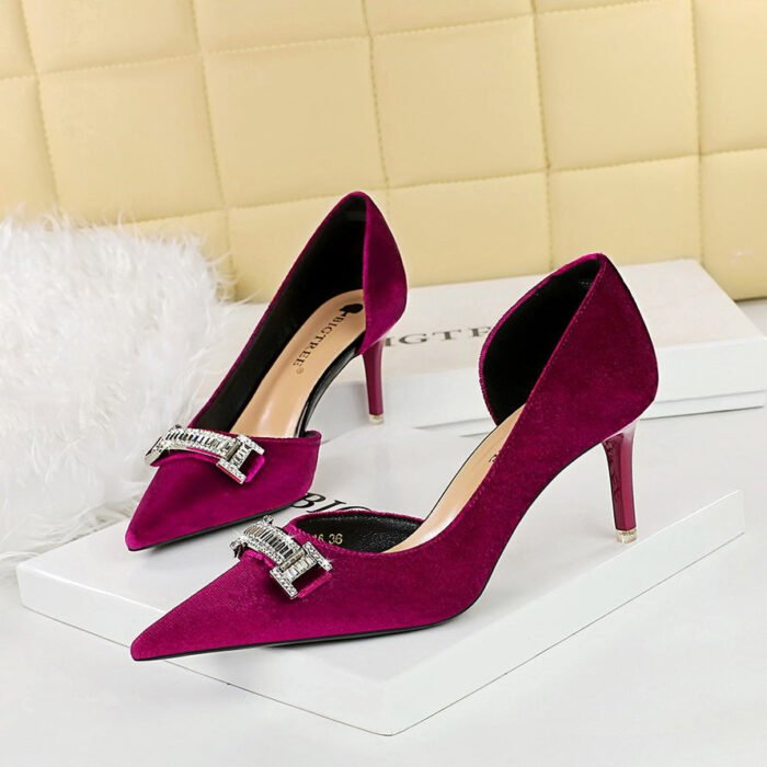 BIGTREE SHOES 1363-Ak80 Banquet High Heels Women's Shoes Stiletto Suede Shallow Mouth Pointed Side Hollow Metal Rhinestone Buckle Pumps - Image 2