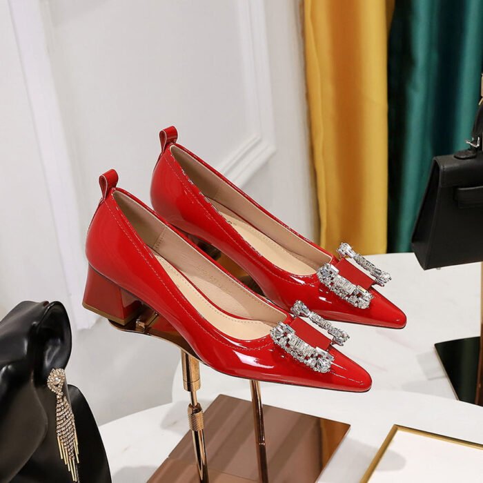 BIGTREE SHOES Women's Chunky Heel Low-Cut Square Toe Patent Leather Metal Rhinestone Buckle High Heel Shoes for Banquet - Image 2