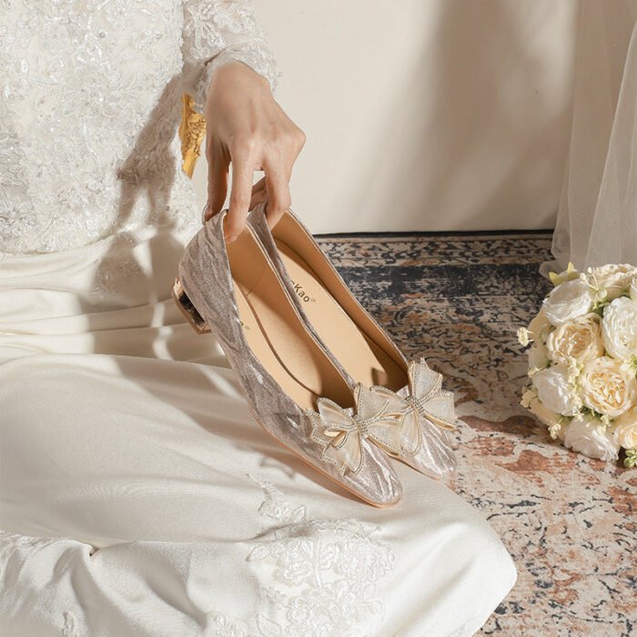228-51 Champagne Thin and Glittering Bow Crystal Flat Wedding Shoes Female Square Toe Bridal Shoes - Image 5