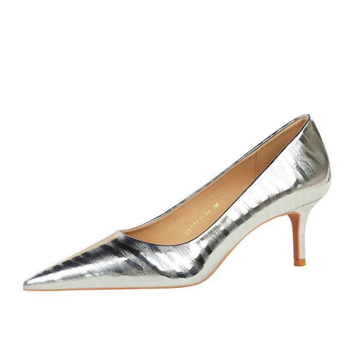 BIGTREE SHOES 1961-17 European and American Style Metallic Embossed Stiletto Heel [High Heel] Low Mouth Pointed-Toe Retro Women's Shoes for Banquet Spring and Autumn - Image 5