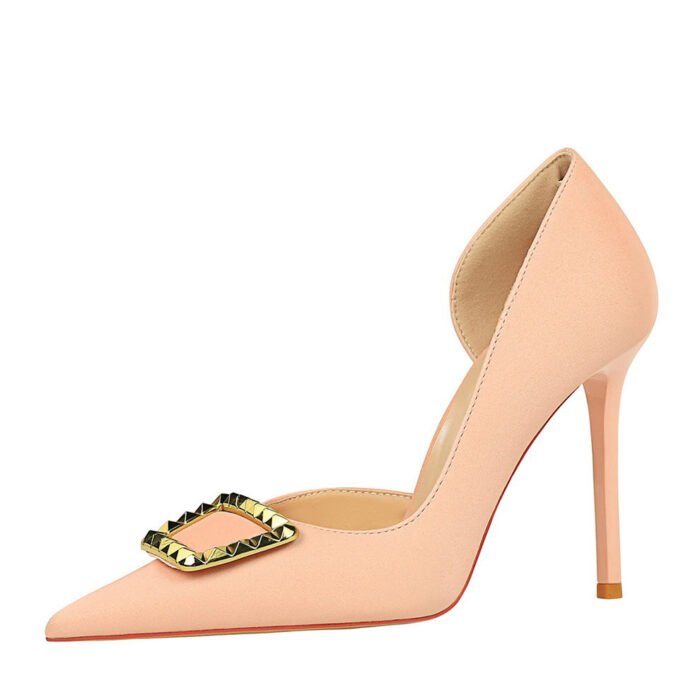 Bigtree Shoes 626-K9 European and American Style Nightclub High Heels Women's Shoes Stiletto Low-Cut Pointed Side Hollow-out Metal Rivet Buckle Single-Layer Shoes Women - Image 5