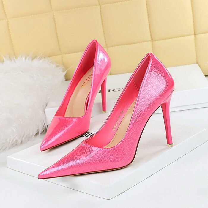 big tree shoes 9511-21 European and American Banquet Simple High Heels Stiletto Heel Shallow Mouth Pointed Crystal Patent Leather Pumps Women's Shoes - Image 1