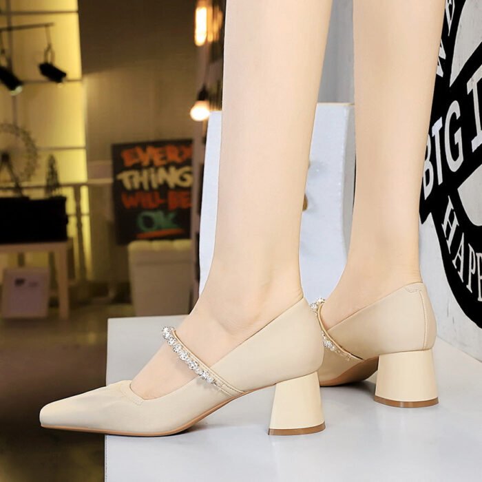 BIGTREE SHOES 5288-17 Retro Korean Type Women's Chunky Heel Mid Heel Shoes Low-Cut Square Toe Pearl Rhinestone Strap Mary Jane Shoes - Image 3