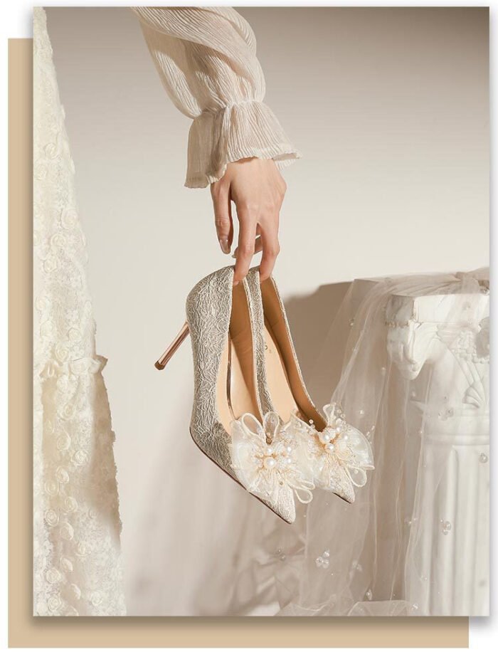 840-16 French Lace Pearl Wedding Shoes Bridal Shoes High Heels Princess Pointed Toe Temperament Fairy Stiletto Heel Pumps Women - Image 7