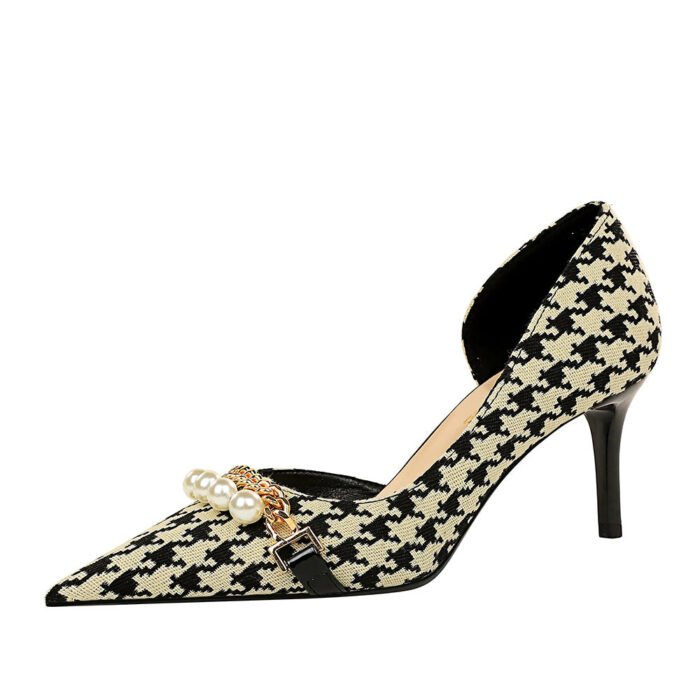 8829-A1 Korean version of high-heeled shallow-mouth pointed side hollow cloth plaid pearl metal chain houndstooth shoes - Image 5