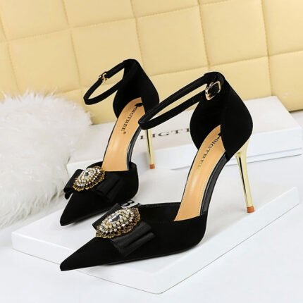 283-19 Retro European American Style Ultra High Heel Suede Shallow Mouth Pointed Toe Rhinestone Metal Buckle Bow Hollow Strap