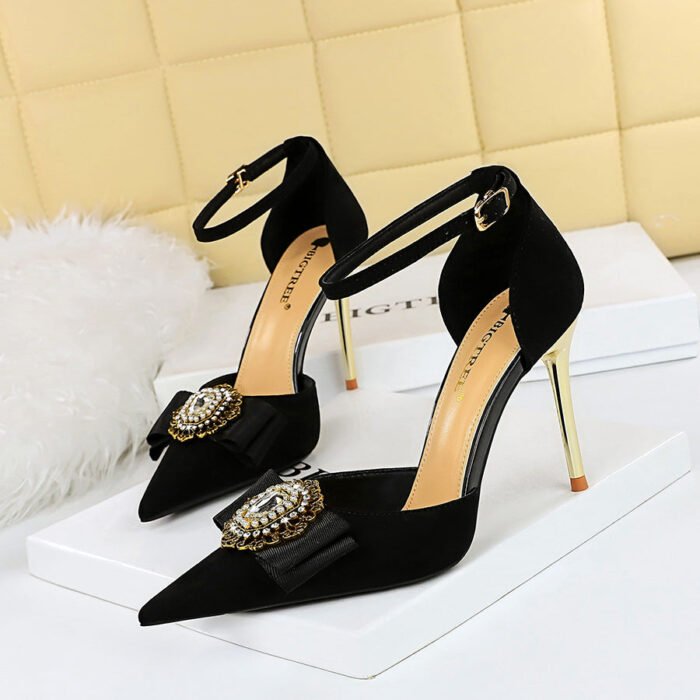 283-19 Retro European American Style Ultra High Heel Suede Shallow Mouth Pointed Toe Rhinestone Metal Buckle Bow Hollow Strap - Image 1