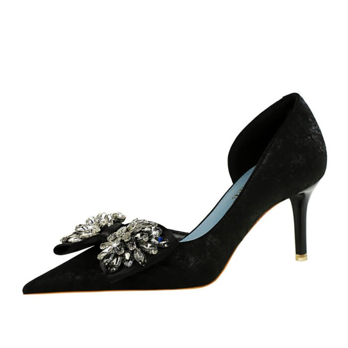 BIG TREE Shoes 6168-AH3 European and American Banquet Nightclubs Thinner Side Hollowed Women's Shoes Shallow Mouth Pointed Toe Rhinestone Bow High Heel Pumps - Image 5