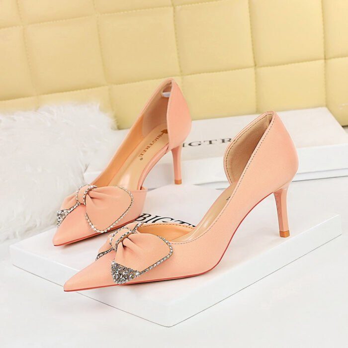 BIGTREE SHOES 3226-Ah31 European and American High Heels Stiletto Women's Shoes Shallow Mouth Pointed Side Hollow out Stitching Rhinestone Bow Pumps - Image 2