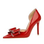 BIGTREE SHOES 638-H35 European and American Style Banquet Women's Shoes Stiletto Heel Shallow Mouth Pointed Side Hollow Patent Leather Bow Pumps - Image 5