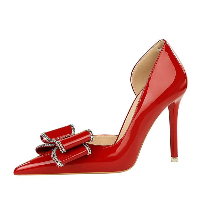 BIGTREE SHOES 638-H35 European and American Style Banquet Women's Shoes Stiletto Heel Shallow Mouth Pointed Side Hollow Patent Leather Bow Pumps - Image 5