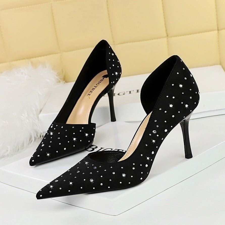 5b1ba9e66c9b6aedb6e08cc93d452790 BIGTREE SHOES 8237-2 Korean Style Fashion Banquet Women's Shoes High Heels Stiletto Heel Shallow Mouth Pointed Toe Satin Side Hollow Rhinestone Pumps Women - Image 1