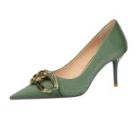 7239-A1 European and American fashion banquet women's shoes fine heel high heel shallow pointed metal buckle single shoes high heels - Image 29