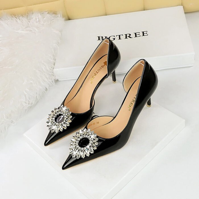 BIG TREE SHOES 638-Ak29 European and American Style Banquet Women's Shoes High Heel Stiletto Low Mouth Pointed Patent Leather Side Hollow out Rhinestone Buckle Pumps Women - Image 4