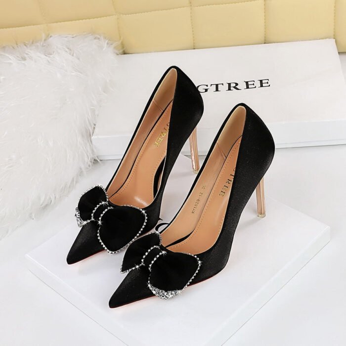 BIGTREE SHOES 1829-H31 European and American Banquet High Heels Women's Shoes Metal Heel Super High Heel Pointed Toe Satin Rhinestone Bow Pumps - Image 2