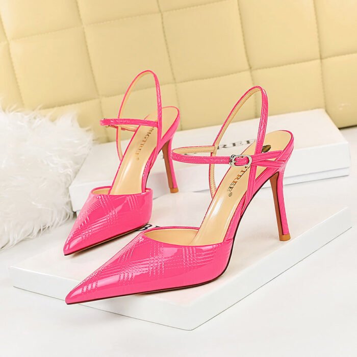 221-6 European and American Sexy Nightclubs Thinner Stiletto Heel Embroidery Thread Patent Leather Low-Cut Pointed Toe Hollow-out Strap Sandals - Image 3
