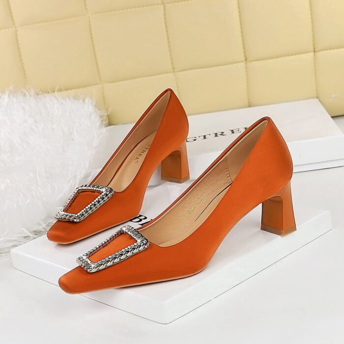 BIGTREE SHOES 6186-k66 European and American Style Banquet Spring and Autumn Women's Shoes Chunky Heel High Heel Satin Square Toe Metal Rhinestone Buckle Pumps Female - Image 3