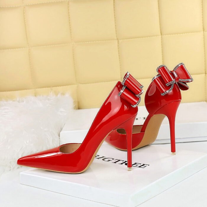 BIG TREE SHOES 638-H35m European and American Banquet High Heels Patent Leather Stilettos Shallow Mouth Pointed Toe Side Hollow Back Rhinestone Bow Pumps - Image 1