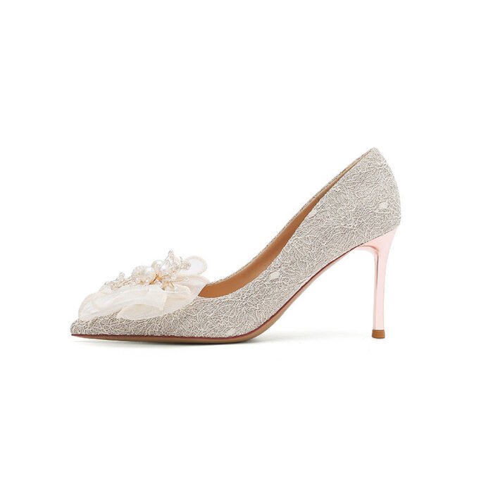840-16 French Lace Pearl Wedding Shoes Bridal Shoes High Heels Princess Pointed Toe Temperament Fairy Stiletto Heel Pumps Women - Image 6