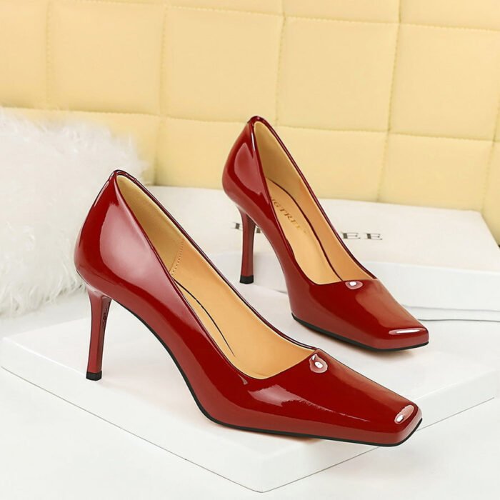 BIG TREE SHOES 7731-3 European and American Style Fashionable Simple Glossy High Heels Patent Leather Stilettos High Heel Low-Cut Square Toe Shoes Women's Shoes - Image 3