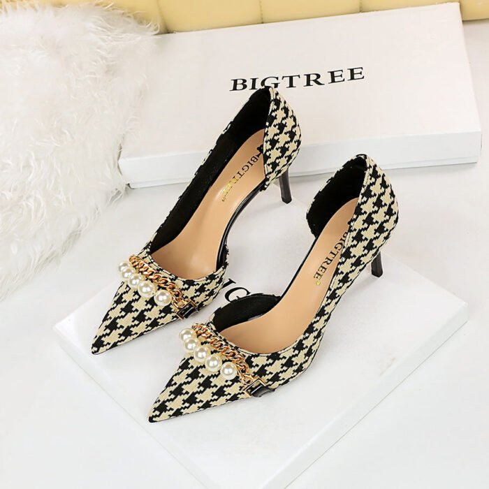 8829-A1 Korean version of high-heeled shallow-mouth pointed side hollow cloth plaid pearl metal chain houndstooth shoes - Image 3