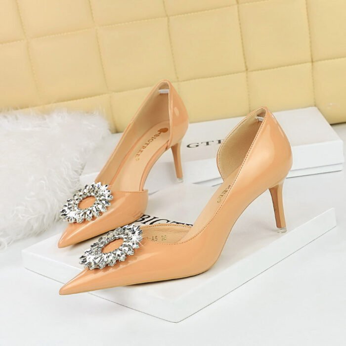 BIG TREE SHOES 638-Ak29 European and American Style Banquet Women's Shoes High Heel Stiletto Low Mouth Pointed Patent Leather Side Hollow out Rhinestone Buckle Pumps Women - Image 3