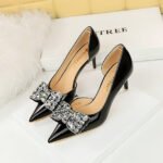 BIG TREE SHOES 638-Ah20 Korean Style Banquet Women's Shoes High Heel Low-Cut Pointed Toe Side Hollow Rhinestone Bow Pumps Women's High Heels - Image 6
