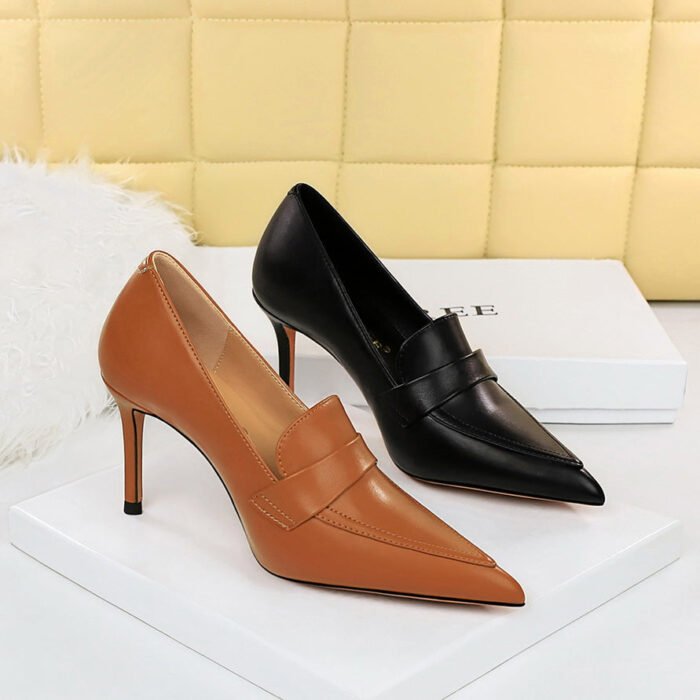 BIG TREE SHOES 837-5 Retro Europe and America High Heels Women's Shoes Stiletto Heel Pointed Toe High-Cut Shoes Pedicure Slimming Deep Mouth Women's Shoes - Image 1