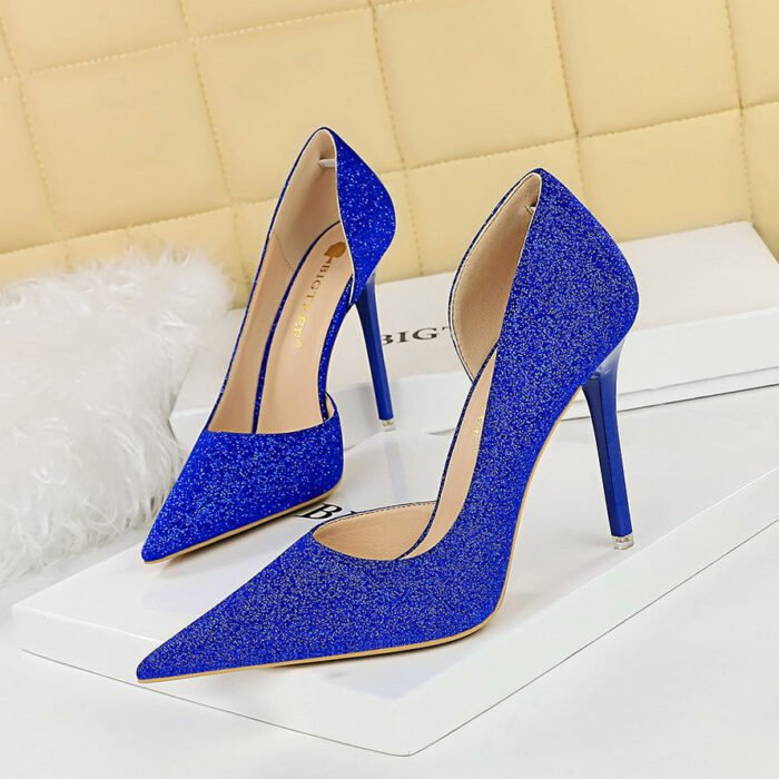 BIG TREE SHOES 1298-1 Retro European American Style High Heels Stiletto Heel Shallow Mouth Pointed Toe Side Hollow Shining Sequin Cloth Women's High Heel Shoes - Image 1