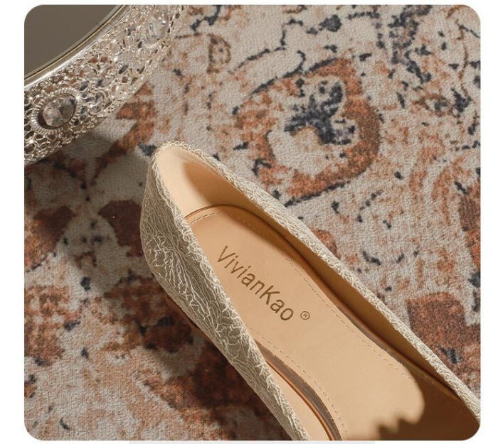 3118-7 French Lace Thick Heel Flat Wedding Shoes One-Word Flower Main Wedding Dress Banquet Two-Way Heel Shoes - Image 10