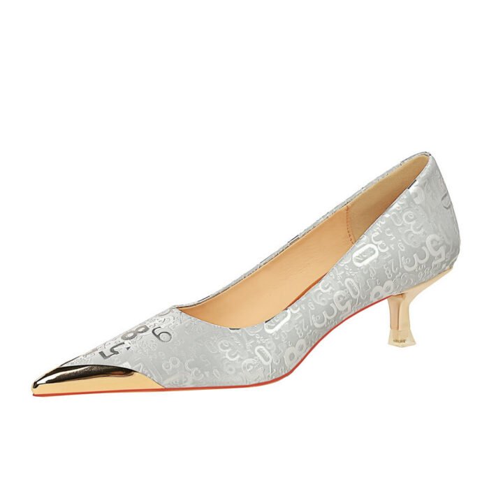 BIGTREE SHOES 237-28 European and American style banquet middle heel shallow mouth metal pointed graffiti pattern slim women's shoes spring and autumn shoes - Image 1