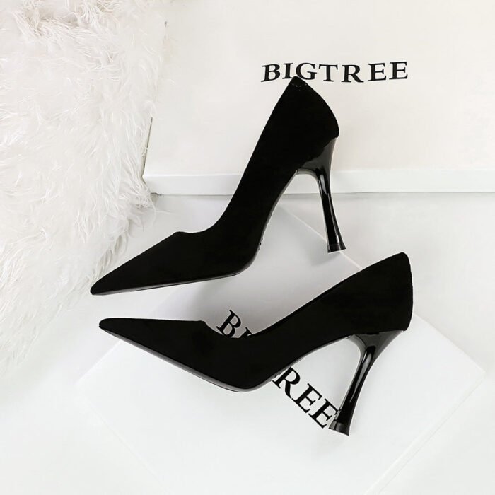 Bigtree Shoes 3767-1 European and American Style Simple and Thin Banquet High Heels Wine Glass Heel Super High Heel Suede Shallow Mouth Pointed-Toe Women's Shoes - Image 1