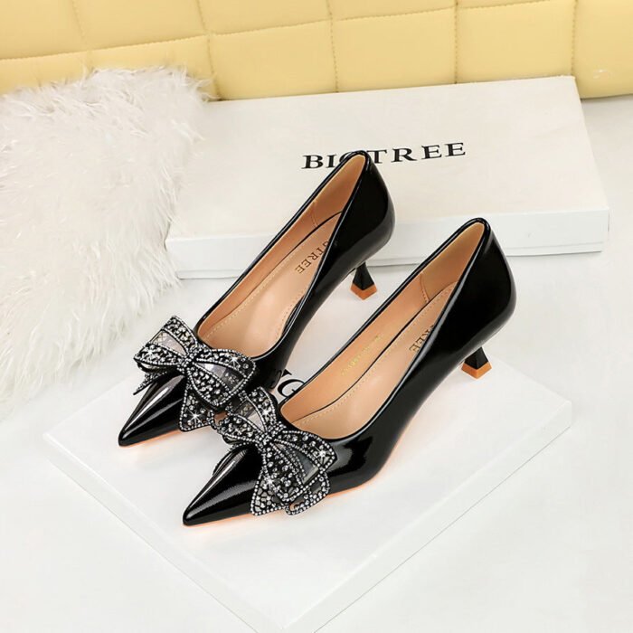 BIGTREE SHOES 1961-H39 European and American Banquet Women's Shoes Small Stiletto Heel Mid Heel Patent Leather Shallow Mouth Pointed Toe Rhinestone Bow Pumps Women's Shoes - Image 3