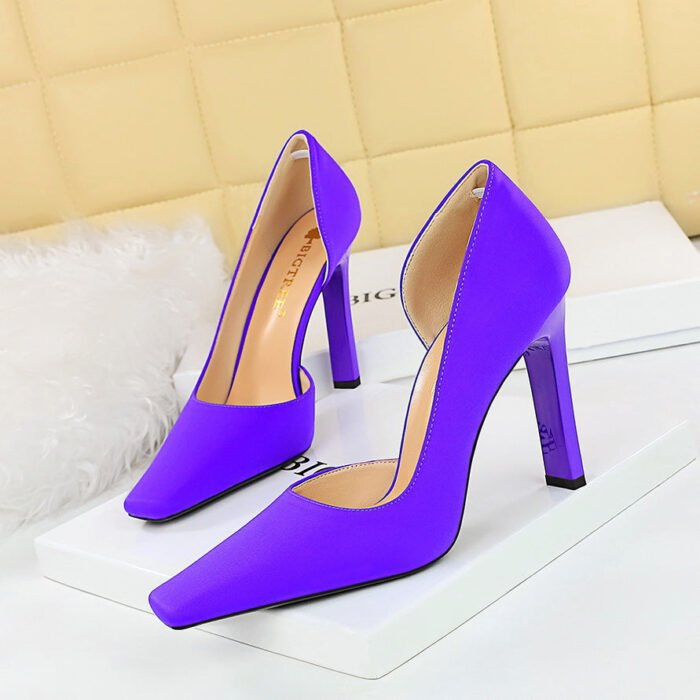 BIG TREE SHOES 3275-3 European and American Style High Heels Thick Heel Super High Heel Shallow Mouth Pointed Side Hollow Satin Square Toe High Heel Pumps Women - Image 4