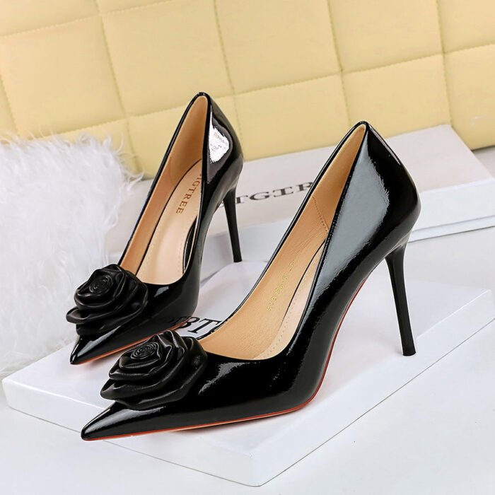 BIGTREE SHOES 9236-H56 European and American Banquet Women's Shoes Stiletto Heel Shallow Mouth Pointed Metal Feeling Rose Flower Shoes High Heel - Image 3
