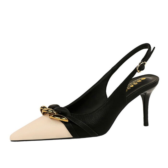 BIGTREE SHOES 373-a2 European and American Style Women's Shoes Stiletto Heel Shallow Mouth Color-Blocking Pointed Toe Metal Chain Decorative Hollow Back Strap Pumps - Image 5