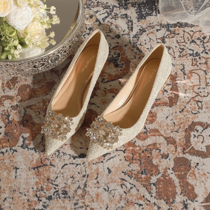 3118-6 Bridal Wedding Shoes Not Tired Women's French Flat Pointed Lace Elegant Single-Layer Shoes Pregnant Women Can Wear Daily - Image 5