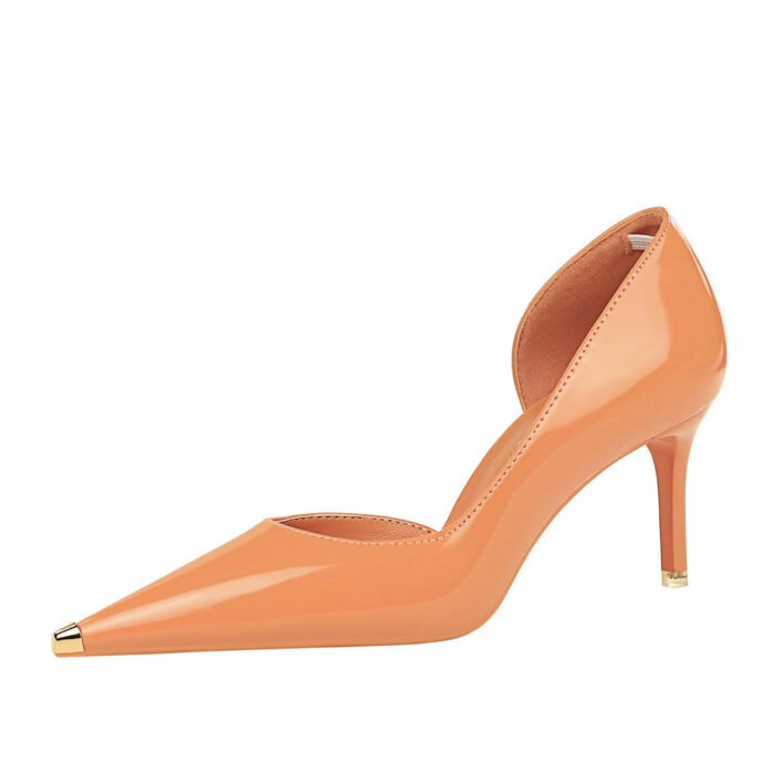 BIGTREE 8829-A5 European and American Style Banquet High Heel Stiletto Low Mouth Metal Pointed Tilta Shiny Patent Leather Side Hollow Pumps - Image 5