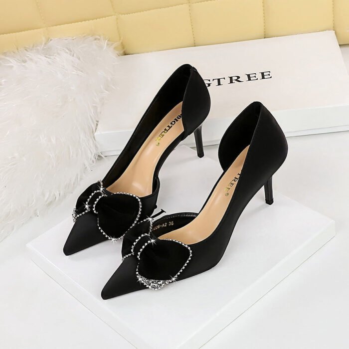 BIGTREE SHOES 3226-Ah31 European and American High Heels Stiletto Women's Shoes Shallow Mouth Pointed Side Hollow out Stitching Rhinestone Bow Pumps - Image 3