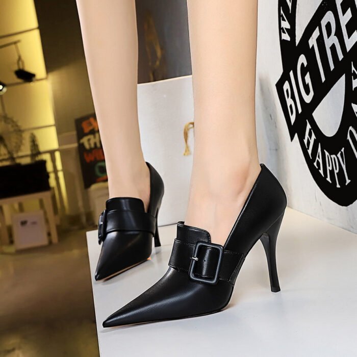 BIGTREE SHOES 958-2 European and American High Heels Women's Shoes Wine Glass Heel Super High Heel Pointed Belt Buckle Decoration Deep Mouth Pumps High-Cut Shoes - Image 1