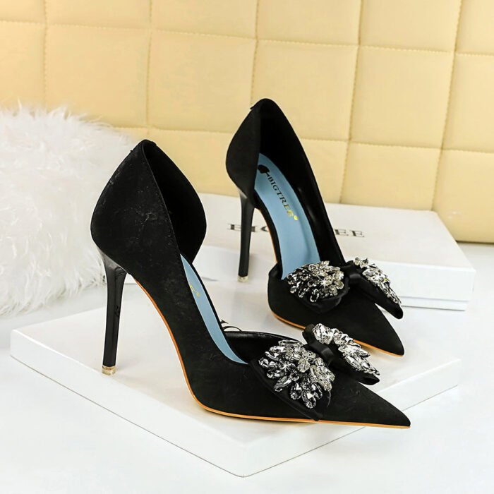 BIG TREE Shoes 6168-H3 European and American High Heels Stiletto Low-Cut Pointed Side Hollow Cloth Surface Ultra-High Heel Rhinestone Bow Pumps - Image 2