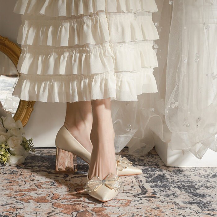 7118-51 Apricot Flower High Heel Women's Chunky Heel High-Grade Xiuhe Wedding Dress Engagement Annual Meeting Pumps - Image 4