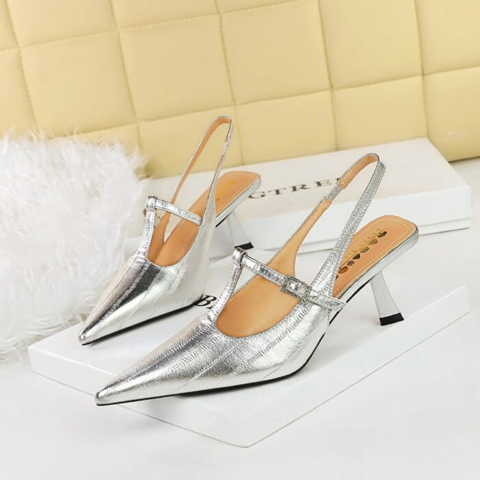 BIGTREE SHOES 070-11 Korean Style Women's Shoes High Heel Low-Cut Pointed Toe T Shape with Rhinestones Buckle Hollow Back Strap Back Open Shoes Female - Image 4