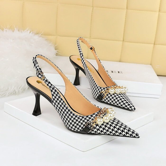BIG TREE SHOES 3716-3 Korean High Heel Women's Shoes Plaid Cloth Shallow Mouth Pointed-Toe Hollowed Back Strap Pearl Metal Chain Pumps - Image 2