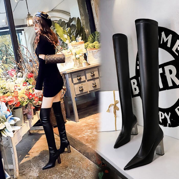 BIG TREE SHOES 3128-16 European and American Style Fashion Metal Heel Chunky Heel High Heel Pointed Toe Sexy Nightclubs Thinner Pedicure over-the-Knee Boots - Image 2