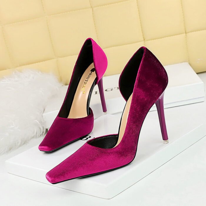 BIG TREE SHOES 3287-2 European and American Style Banquet High Heels Women's Shoes Stiletto Heel Xishi Suede Low-Cut Square Toe Side Hollow Pumps - Image 1