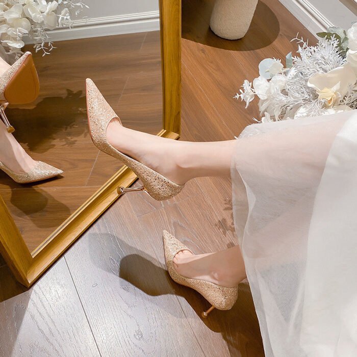 D888-88 Pointed High Heels Women's Chunky Heel Wedding Shoes High-Grade Wedding Dress Pumps - Image 4